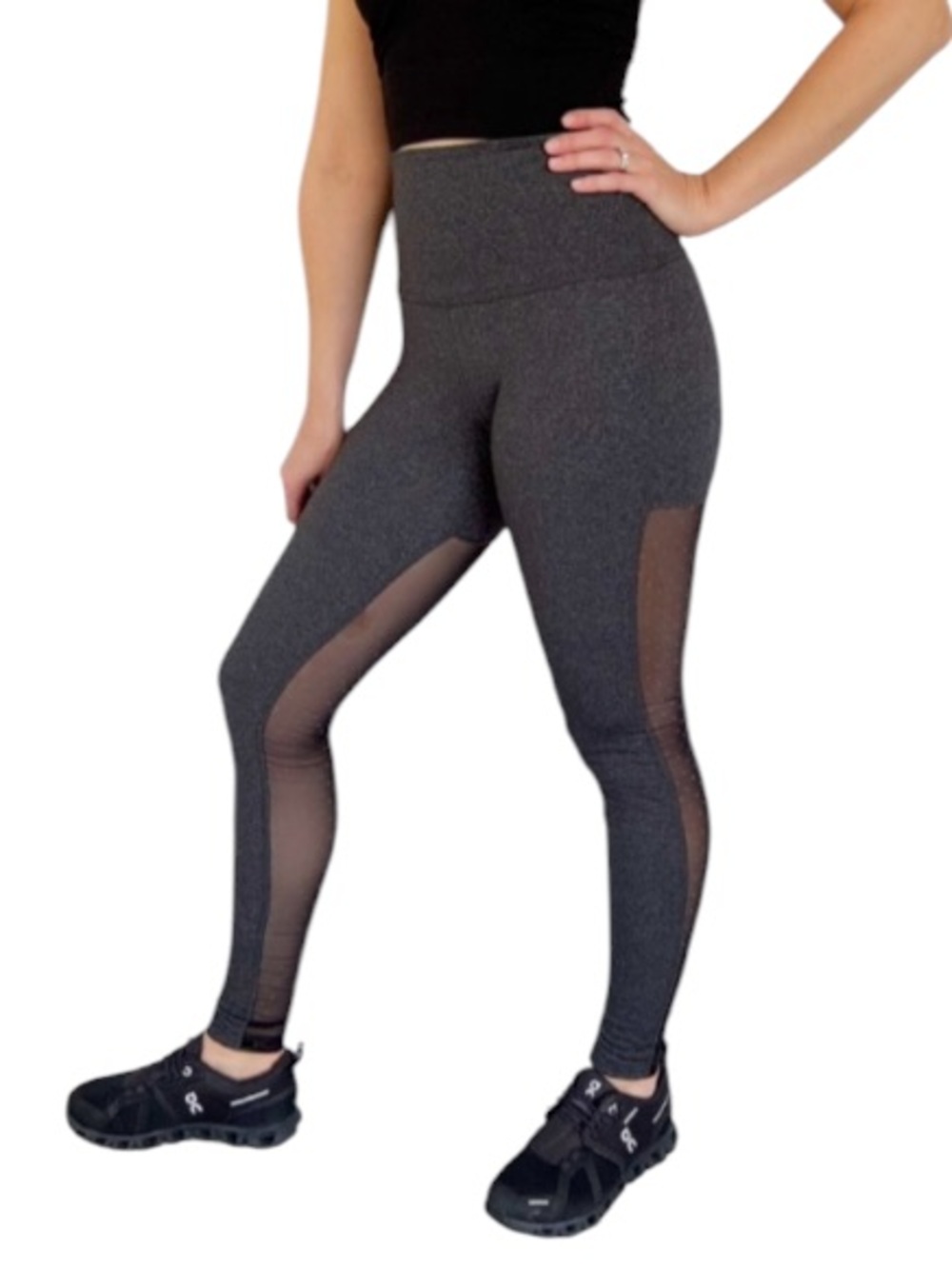 Beyond Yoga dark gray sheer mesh polka dot panel high rise leggings size XS